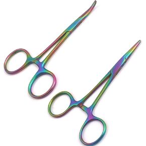 OdontoMed2011 Lot of 2 Pieces Multi Color Rainbow Mosquito Hemostat Forceps 3.5" Straight & Curved Pliers Stainless Steel Multi Color Rainbow Color Hemostat Forceps ODM