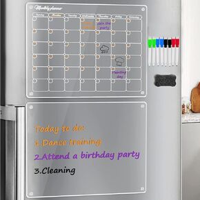 Magnetic Acrylic Calendar for Fridge, 2Pcs 16"x12" Clear Acrylic Calendar, Dry Erase Fridge Calendar Refrigerator Monthly, Includes 4 Colors Markers and Reusable Planner Eraser