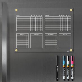 Magnetic Acrylic Chore Chart for Fridge with Weekly and Notes Section. Includes 4 Magnetic Wet-Erase Markers for Refrigerator, 12" X 9". Put Those Kids to Work! | Black Magnets