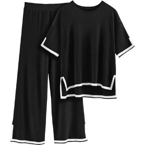 HEEKPEK Womens 2 Piece Lounge Sets Summer Outfits Sweater Set Matching Knit Short Sleeve Tops Wide Leg Pants Travel Suit
