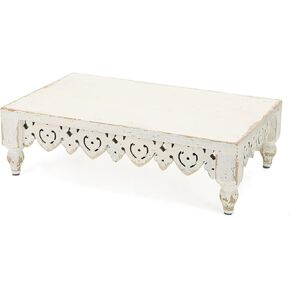 NIKKY HOME Wood Display Riser for Kitchen Counter, Farmhouse Rustic Wooden Pedestal Stand Decorative Tray, Hand Carved Centerpiece Decor for Coffee Bar Table, Dining Room - Distressed White