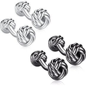 HONEY BEAR Twist Knot Cufflinks Set for Mens Shirts Business Wedding Gift,Silver Black