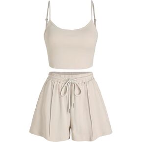 CIDER Women's U-Neckline Crop Cami Top & Drawstring Wide Leg Shorts Set