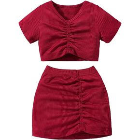 MakeMeChic Girls Two Piece Summer Outfits Ribbed V Neck Short Sleeve Tee Tops with Ruched Bodycon Skirt Set