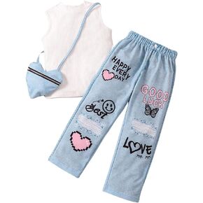 Floerns Toddler Girl's 2 Piece Outfit Tank Top Cartoon Print Denim Pants with Bag