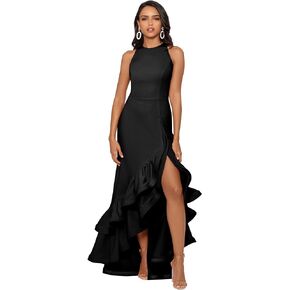 Betsy & Adam Women's Long Halter Crepe Tiered Ruffle Gown