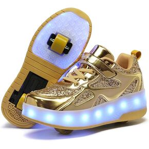 Wooowyet USB Rechargeable Roller Skates Shoes for Boys Kids Girls Light Up Led Sport Sneakers with Detachable Wheeled Rolling Skating Shoes Gold Little Kids 13