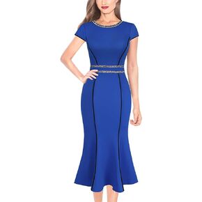 VFSHOW Womens Elegant Vintage Cocktail Business Office Mermaid Midi Dress Crew Neck Slim Fitted Party Bodycon Mid-Calf Dress with Tweed Trim (Royal Blue, X-Large) 11049 LBLU XL