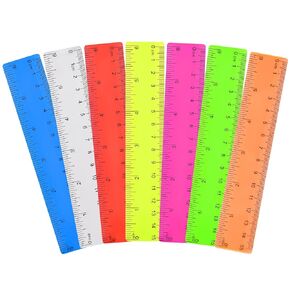 Unjoo Clear Plastic Ruler 6 Inch Straight Ruler, Bulk Assorted Colors, Shatterproof Ruler with Inches and Centimeters for School Classroom, Home, or Office (7 Pack)