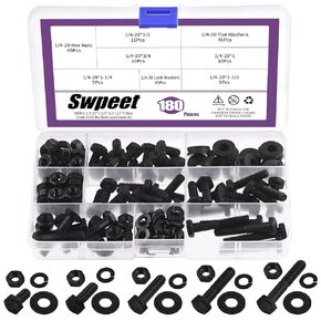 Swpeet 180Pcs 1/4-20" x 1/2" to 1-1/2" 5 Sizes Black Zinc Finish Carbon Steel Grade 8 USS Nut Bolts Assortment Kit, Heavy Duty Bolt Nut and Washer Assortment Coarse Thread Hex Head Cap Screws Bolt