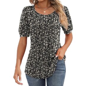 Women's Puff Short Sleeve Tunic Tops Pleated Crew Neck Blouses Dressy Casual Loose Spring and Summer T-Shirts (Black Cream,X-Large) in Saudi Arabia