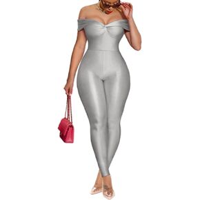 Ekaliy Sexy Jumpsuits for Women Clubwear Bodycon Off Shoulder Twisted Knot Front Sleeveless One Piece Long Jumpsuits Rompers