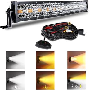 شريط إضاءة LED منحني 32 بوصة 180 وات أبيض/كهرمان ضوء ستروب مع ستة أوضاع قيادة مصابيح الضباب بقعة الفيضانات أضواء مصد كومبو مع مفتاح تسخير الأسلاك لشاحنة الطرق الوعرة 4WD SUV ATV UTV