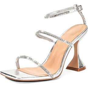 Rhinestone Women's Heeled Sandals Strappy Heels for Women Kitten Heel Square Open Toe for Prom Comfortable Dating Wedding Party Summer Bridal Shoes