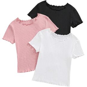Milumia Girl's 3 Pack Solid Lettuce Trim Short Sleeve Round Neck Ribbed T-Shirts Tops