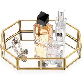 Hipiwe Gold Perfume Tray - Glass Mirror Makeup Tray Ornate Vanity Tray Dresser Tray Jewelry Trinket Organizer Tray for Bathroom Storage Tray for Home Decor,12.4"x 8.5"