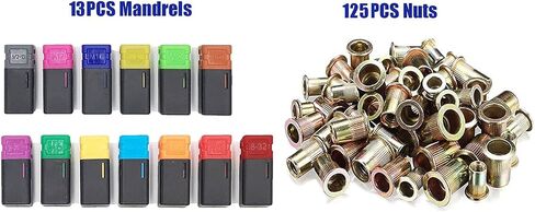 أداة برشام TWT 16 بوصة برشام أعمى يدويًا، إجمالي 13 مماسك M3 M4 M5، m6، m8، m10 M12، 8-32،10-24،1/4-20،5/16-18،3/8-16,1 /2-13 + 125 قطعة من صواميل المسامير in Kuwait