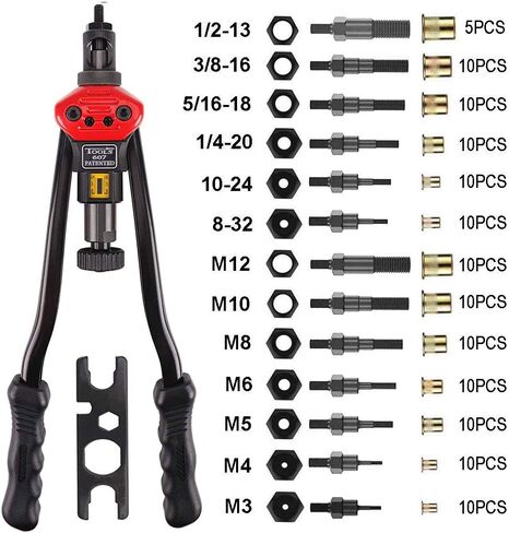 أداة برشام TWT 16 بوصة برشام أعمى يدويًا، إجمالي 13 مماسك M3 M4 M5، m6، m8، m10 M12، 8-32،10-24،1/4-20،5/16-18،3/8-16,1 /2-13 + 125 قطعة من صواميل المسامير in Kuwait