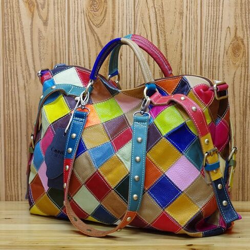 Women's Multicolor Tote Handbag Abstract Design Handbag Genuine Leather Hobo Shoulder Purse in Saudi Arabia