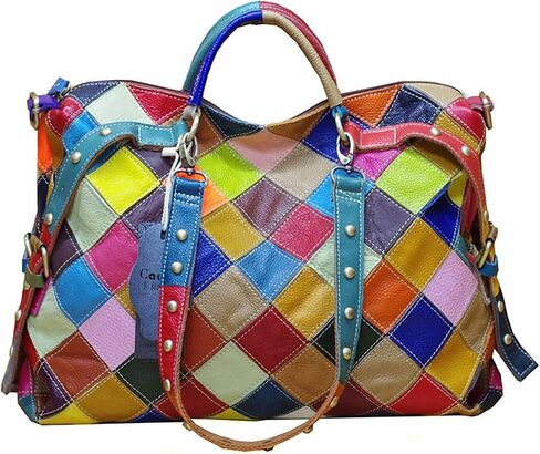 Women's Multicolor Tote Handbag Abstract Design Handbag Genuine Leather Hobo Shoulder Purse in Saudi Arabia