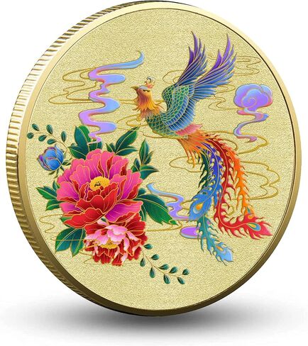 عملة الحظ الذهبية من Blooming Floral Phoenix - تأتي مع حافظة واقية شفافة - أداة خدش تذكرة اليانصيب - عملة التحدي الصينية للحظ السعيد in Kuwait