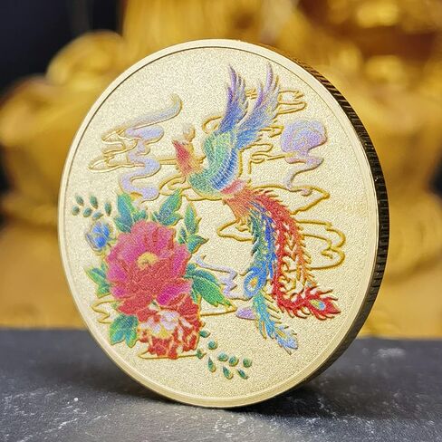 عملة الحظ الذهبية من Blooming Floral Phoenix - تأتي مع حافظة واقية شفافة - أداة خدش تذكرة اليانصيب - عملة التحدي الصينية للحظ السعيد in Kuwait