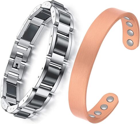 Feraco رجالي أساور مغناطيسية كلاسيكية سوداء من الفولاذ المقاوم للصدأ سوار مغناطيسي مجوهرات صحية، 8.66 بوصة، سوار من النحاس النقي المغناطيسي ثقيل الوزن للرجال in Kuwait