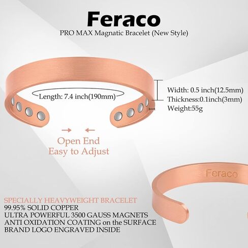 Feraco رجالي أساور مغناطيسية كلاسيكية سوداء من الفولاذ المقاوم للصدأ سوار مغناطيسي مجوهرات صحية، 8.66 بوصة، سوار من النحاس النقي المغناطيسي ثقيل الوزن للرجال in Kuwait