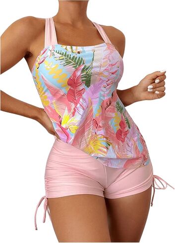 Floerns Women's Tankini Swimsuits Floral Print Criss Cross Top with Drawstring Shorts in Saudi Arabia