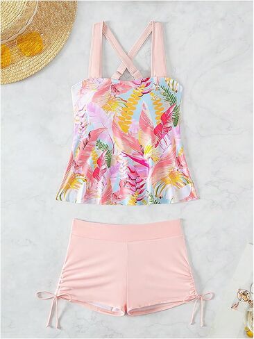 Floerns Women's Tankini Swimsuits Floral Print Criss Cross Top with Drawstring Shorts in Saudi Arabia