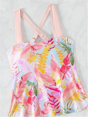Floerns Women's Tankini Swimsuits Floral Print Criss Cross Top with Drawstring Shorts in Saudi Arabia