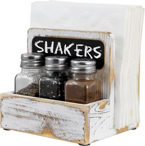 MyGift 4 Piece Set Rustic Burnt Solid Wood Tabletop Napkin Holder and Salt & Pepper Shaker Caddy with Chalkboard Label, Includes 3 Glass Shakers for Seasonings and Spices in Saudi Arabia