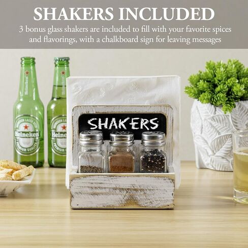 MyGift 4 Piece Set Rustic Burnt Solid Wood Tabletop Napkin Holder and Salt & Pepper Shaker Caddy with Chalkboard Label, Includes 3 Glass Shakers for Seasonings and Spices in Saudi Arabia