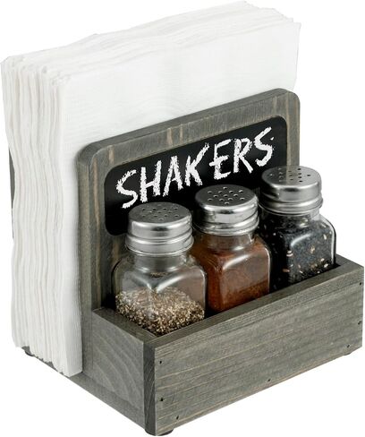 MyGift 4 Piece Set Rustic Burnt Solid Wood Tabletop Napkin Holder and Salt & Pepper Shaker Caddy with Chalkboard Label, Includes 3 Glass Shakers for Seasonings and Spices in Saudi Arabia