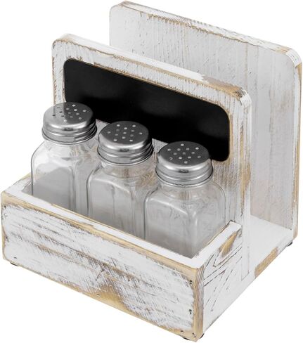 MyGift 4 Piece Set Rustic Burnt Solid Wood Tabletop Napkin Holder and Salt & Pepper Shaker Caddy with Chalkboard Label, Includes 3 Glass Shakers for Seasonings and Spices in Saudi Arabia