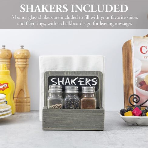 MyGift 4 Piece Set Rustic Burnt Solid Wood Tabletop Napkin Holder and Salt & Pepper Shaker Caddy with Chalkboard Label, Includes 3 Glass Shakers for Seasonings and Spices in Saudi Arabia