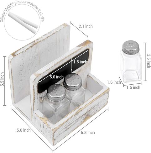 MyGift 4 Piece Set Rustic Burnt Solid Wood Tabletop Napkin Holder and Salt & Pepper Shaker Caddy with Chalkboard Label, Includes 3 Glass Shakers for Seasonings and Spices in Saudi Arabia