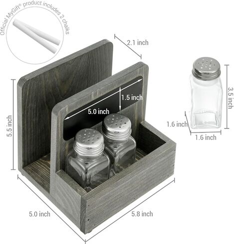 MyGift 4 Piece Set Rustic Burnt Solid Wood Tabletop Napkin Holder and Salt & Pepper Shaker Caddy with Chalkboard Label, Includes 3 Glass Shakers for Seasonings and Spices in Saudi Arabia