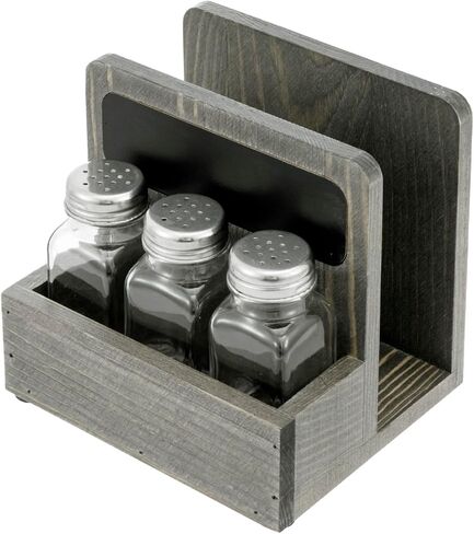 MyGift 4 Piece Set Rustic Burnt Solid Wood Tabletop Napkin Holder and Salt & Pepper Shaker Caddy with Chalkboard Label, Includes 3 Glass Shakers for Seasonings and Spices in Saudi Arabia