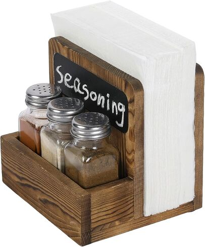 MyGift 4 Piece Set Rustic Burnt Solid Wood Tabletop Napkin Holder and Salt & Pepper Shaker Caddy with Chalkboard Label, Includes 3 Glass Shakers for Seasonings and Spices in Saudi Arabia