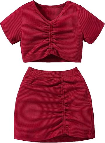 MakeMeChic Girls Two Piece Summer Outfits Ribbed V Neck Short Sleeve Tee Tops with Ruched Bodycon Skirt Set in Saudi Arabia
