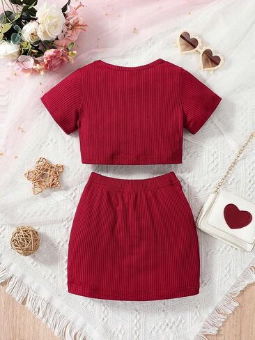 MakeMeChic Girls Two Piece Summer Outfits Ribbed V Neck Short Sleeve Tee Tops with Ruched Bodycon Skirt Set in Saudi Arabia