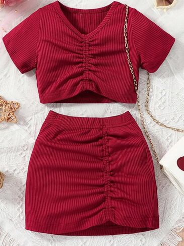 MakeMeChic Girls Two Piece Summer Outfits Ribbed V Neck Short Sleeve Tee Tops with Ruched Bodycon Skirt Set in Saudi Arabia
