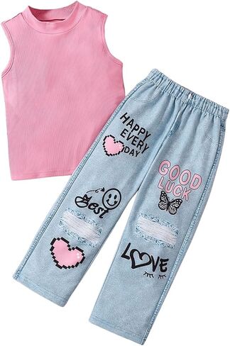 Floerns Toddler Girl's 2 Piece Outfit Tank Top Cartoon Print Denim Pants with Bag in Saudi Arabia