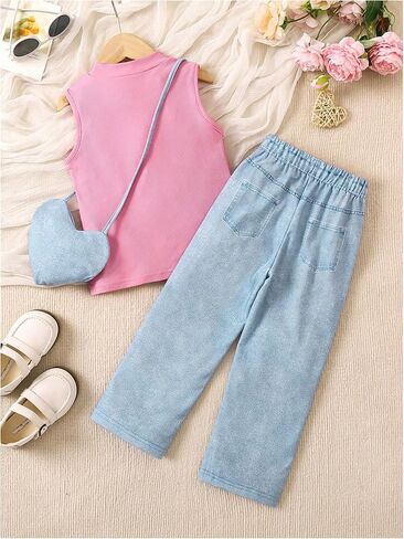 Floerns Toddler Girl's 2 Piece Outfit Tank Top Cartoon Print Denim Pants with Bag in Saudi Arabia