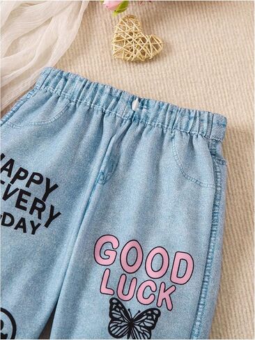 Floerns Toddler Girl's 2 Piece Outfit Tank Top Cartoon Print Denim Pants with Bag in Saudi Arabia