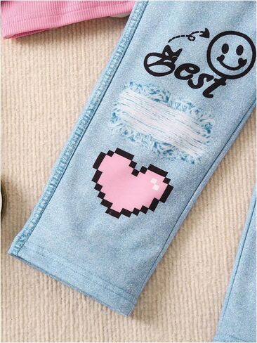 Floerns Toddler Girl's 2 Piece Outfit Tank Top Cartoon Print Denim Pants with Bag in Saudi Arabia