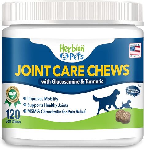 Herbion Pets Joint Care Chews with Glucosamine & Turmeric, 120 Soft Chews, MSM & Chondroitin for Pain Relief, Improves Mobility, Supports Healthy Joints, Made in The USA - for Dogs 12 Weeks+ in Kuwait