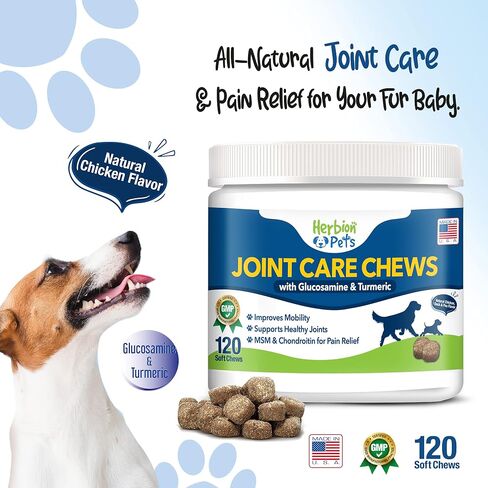 Herbion Pets Joint Care Chews with Glucosamine & Turmeric, 120 Soft Chews, MSM & Chondroitin for Pain Relief, Improves Mobility, Supports Healthy Joints, Made in The USA - for Dogs 12 Weeks+ in Kuwait