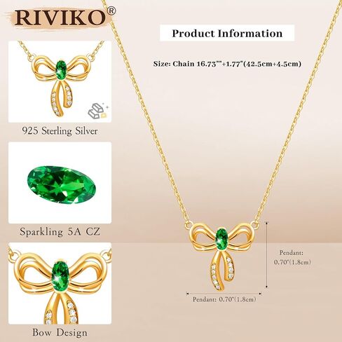 RIVIKO Bow Birthstone Necklace for Women,925 Sterling Silver Gold Plated Bow Pendant Trendy,Bowknot Choker Chain Anniversary Birthday Jewelry Gift for Women Girls Her Wife Daughter Girlfriend in Saudi Arabia